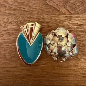 Vintage Brooch Pin Lot (2) Teal Enamel Art Deco + Rhinestone Dome Gold Tone